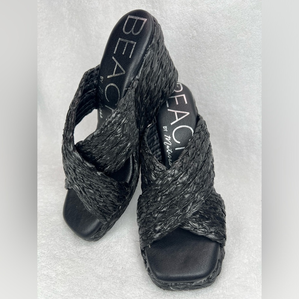 BEACH, black raffia woven wedges